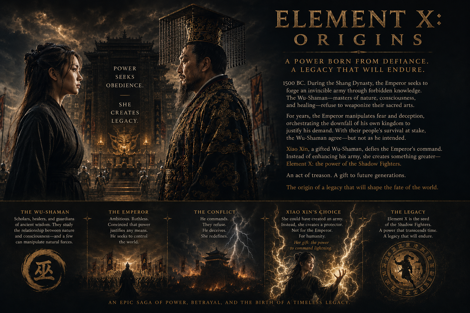 Concept presentation for Element X: Origins, featuring Xiao Xin, the Shang Emperor, and the historical fantasy world of the film.