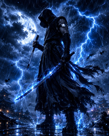 Concept artwork of the Shadow Fighter wielding the power of Element X beneath a storm-filled sky.