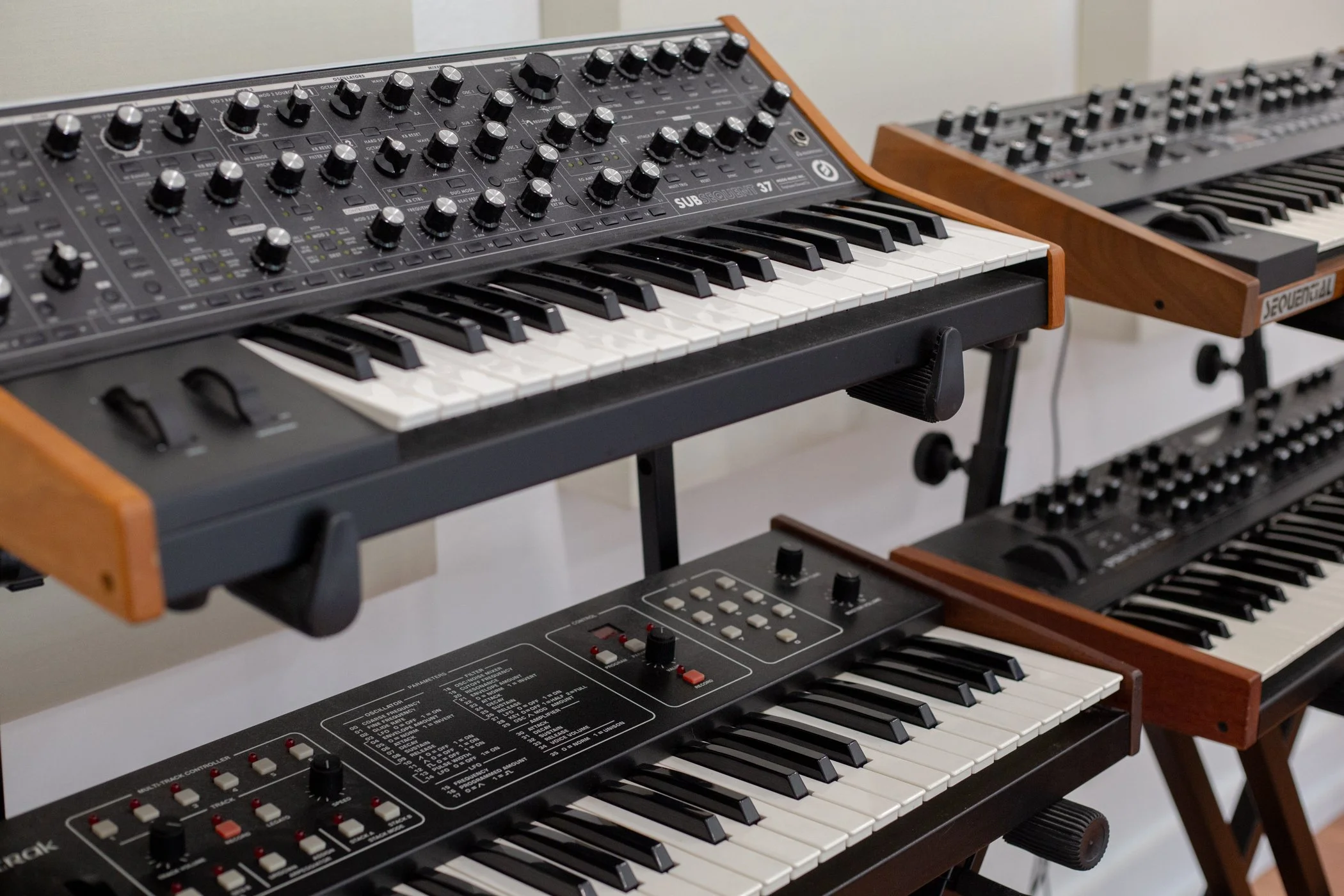 We have several analog synthesizers by Sequential Circuits, Moog and Dave Smith Instruments. The Moog Sub 37 pictured here is an incredible workhorse and a staple in modern music production studios. 