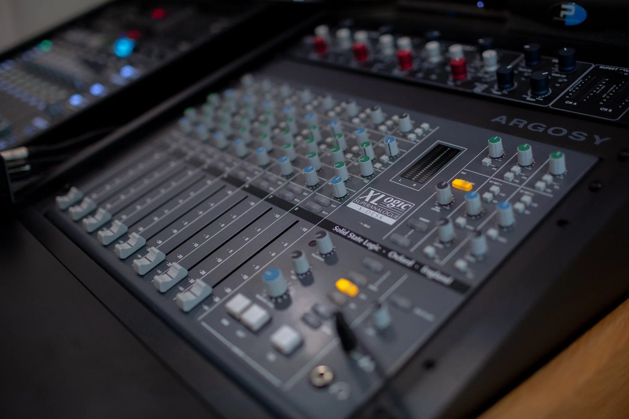 Solid State Logic X-Desk 20 channel analog summing mixer at Third Coast Recording Co. in Houston, TX.