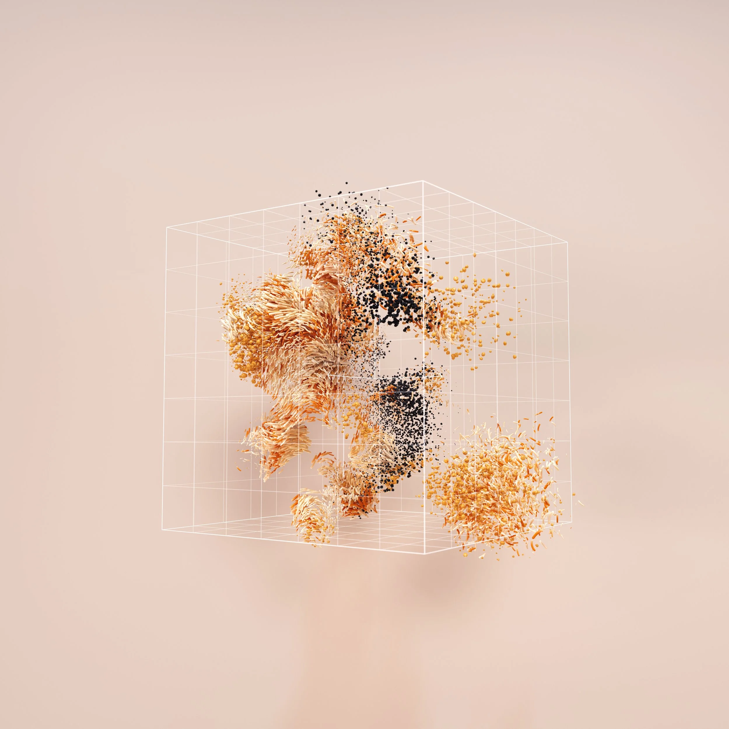 Représentation numérique complexe avec des éléments en forme de filaments, points et lignes dans un espace tridimensionnel, sur un fond clair.