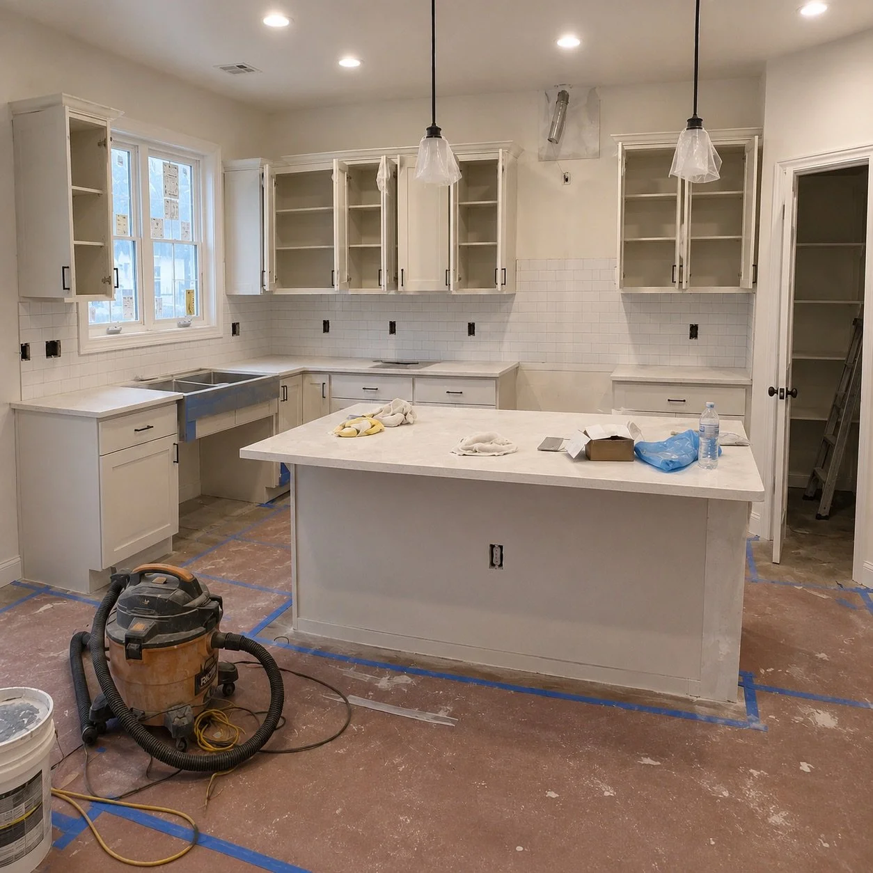 Kitchen under renovation with open cabinets, a central island with tools and supplies, and construction equipment on the floor.