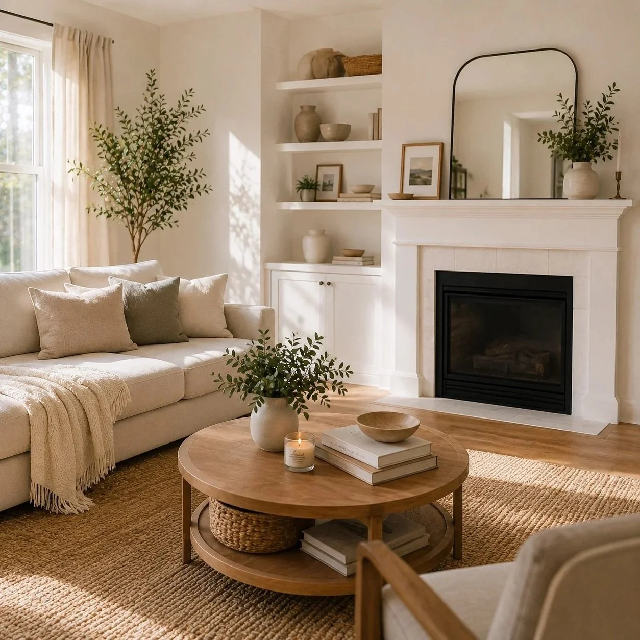 Bright living room with white sofa, beige pillows, wooden coffee table, fireplace, mirror, and decorative plants.