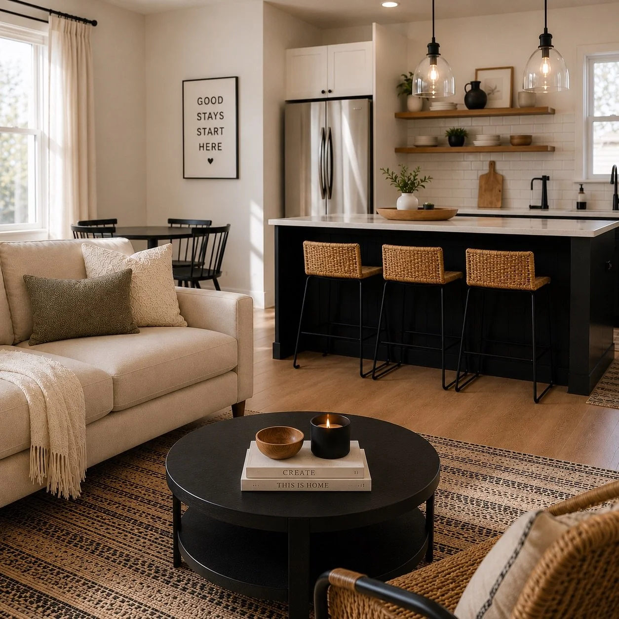 Living room and kitchen with beige sofa, black coffee table with candles, and kitchen with white cabinets, stainless steel refrigerator, open shelves, and barstools at island