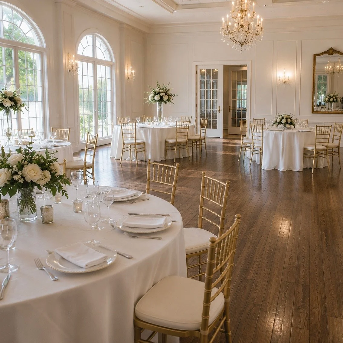 Elegant banquet hall with round tables covered in white tablecloths, decorated with floral centerpieces, candles, and set for dining, with large windows, chandeliers, and gold chairs.
