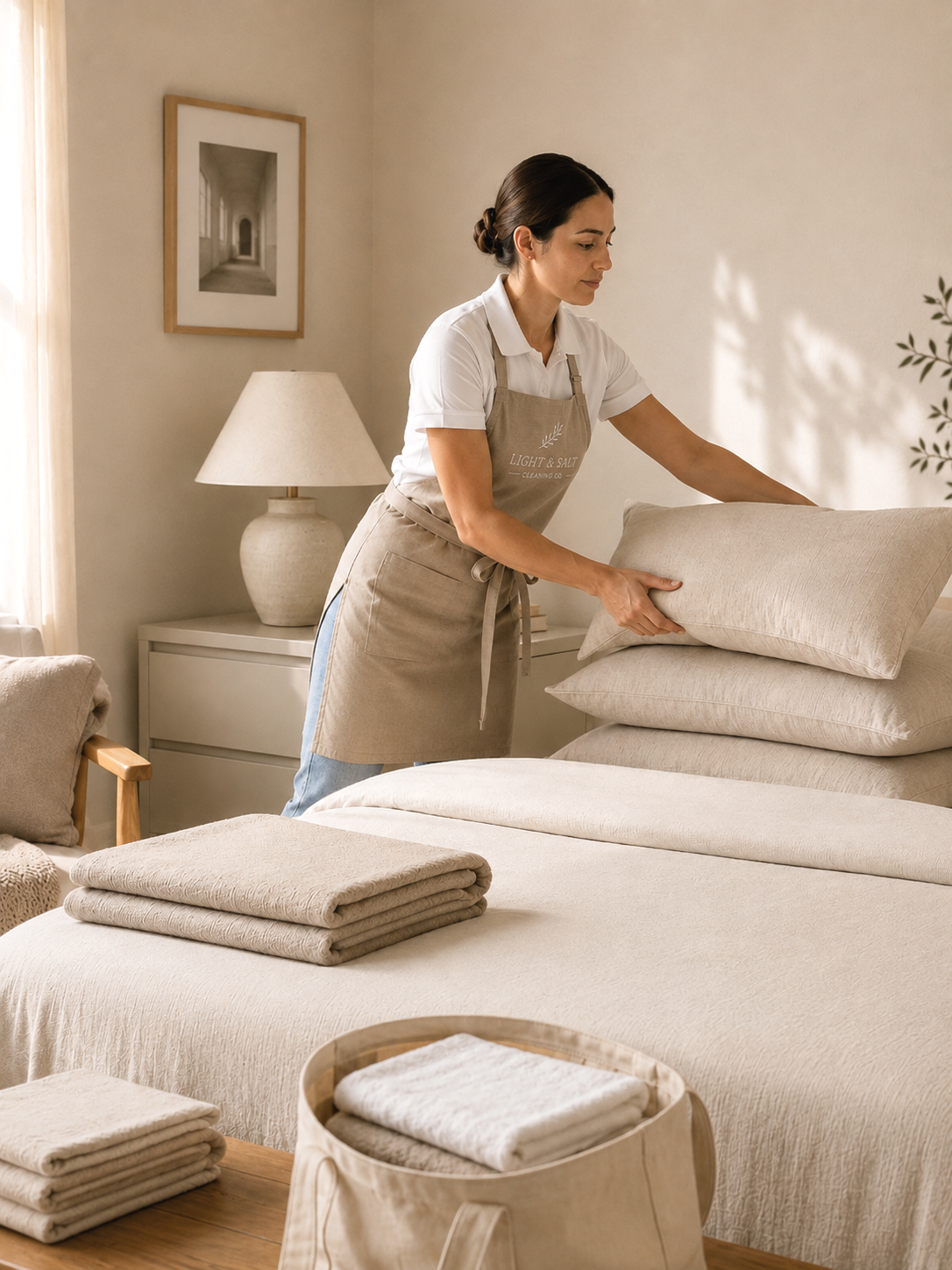 A woman making a bed with beige sheets and pillows in a bedroom with beige decor and a nightstand with a lamp.