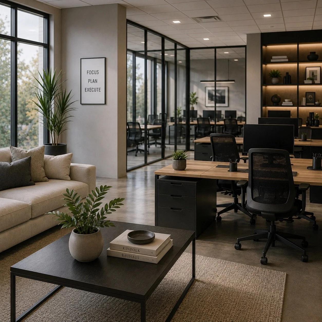 Modern office lounge with beige sofa, potted plants, glass-enclosed conference room, and desks with black office chairs.