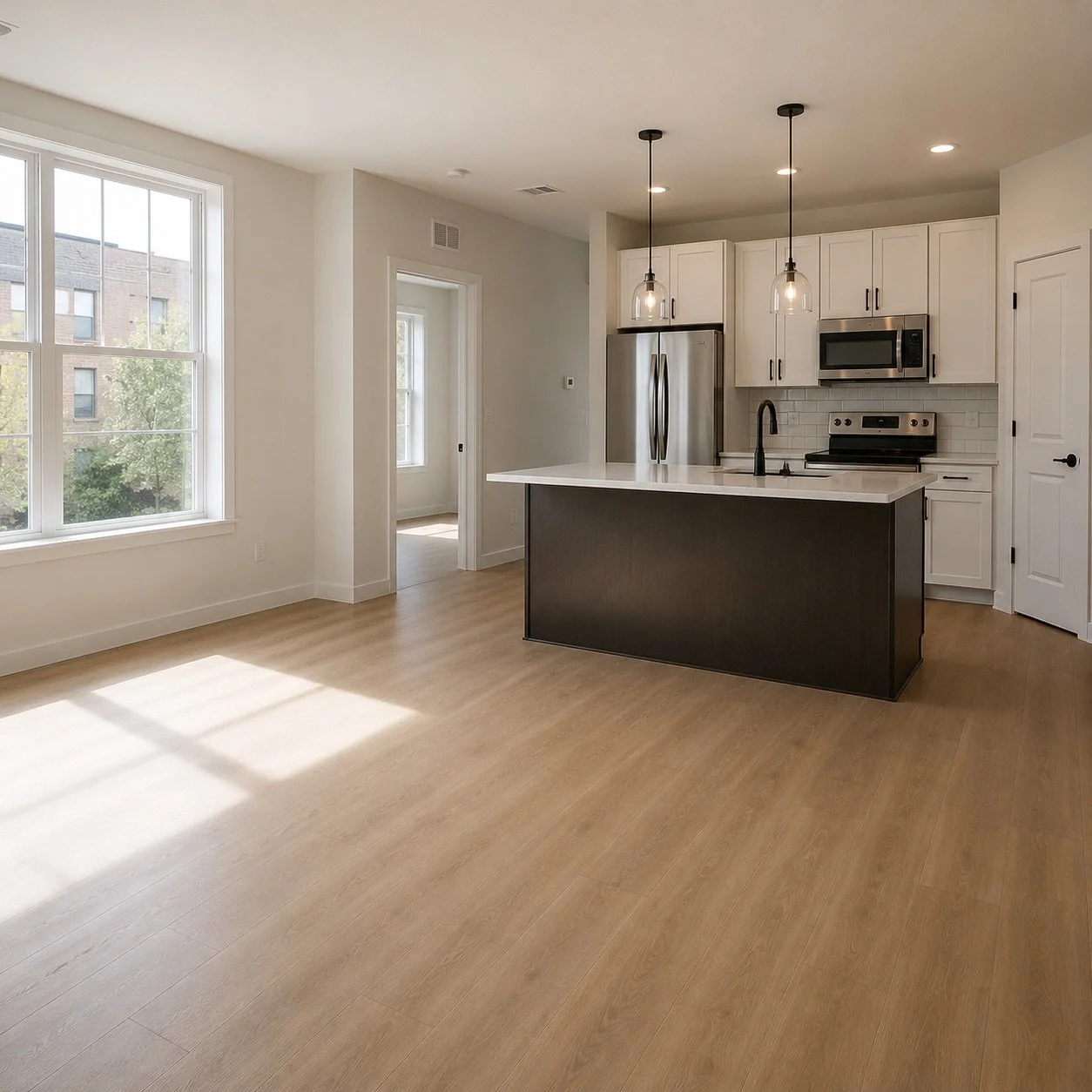 Empty kitchen and dining area with large window, light wood flooring, white cabinets, stainless steel appliances, black faucet, and a small island with a dark base, pendant lights, and a door leading to another room.