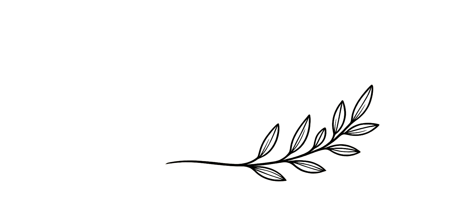 A black line drawing of a botanical branch with leaves, oriented horizontally, on a black background.