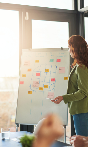 Woman presenting a flowchart on a whiteboard in a conference room with large windows.