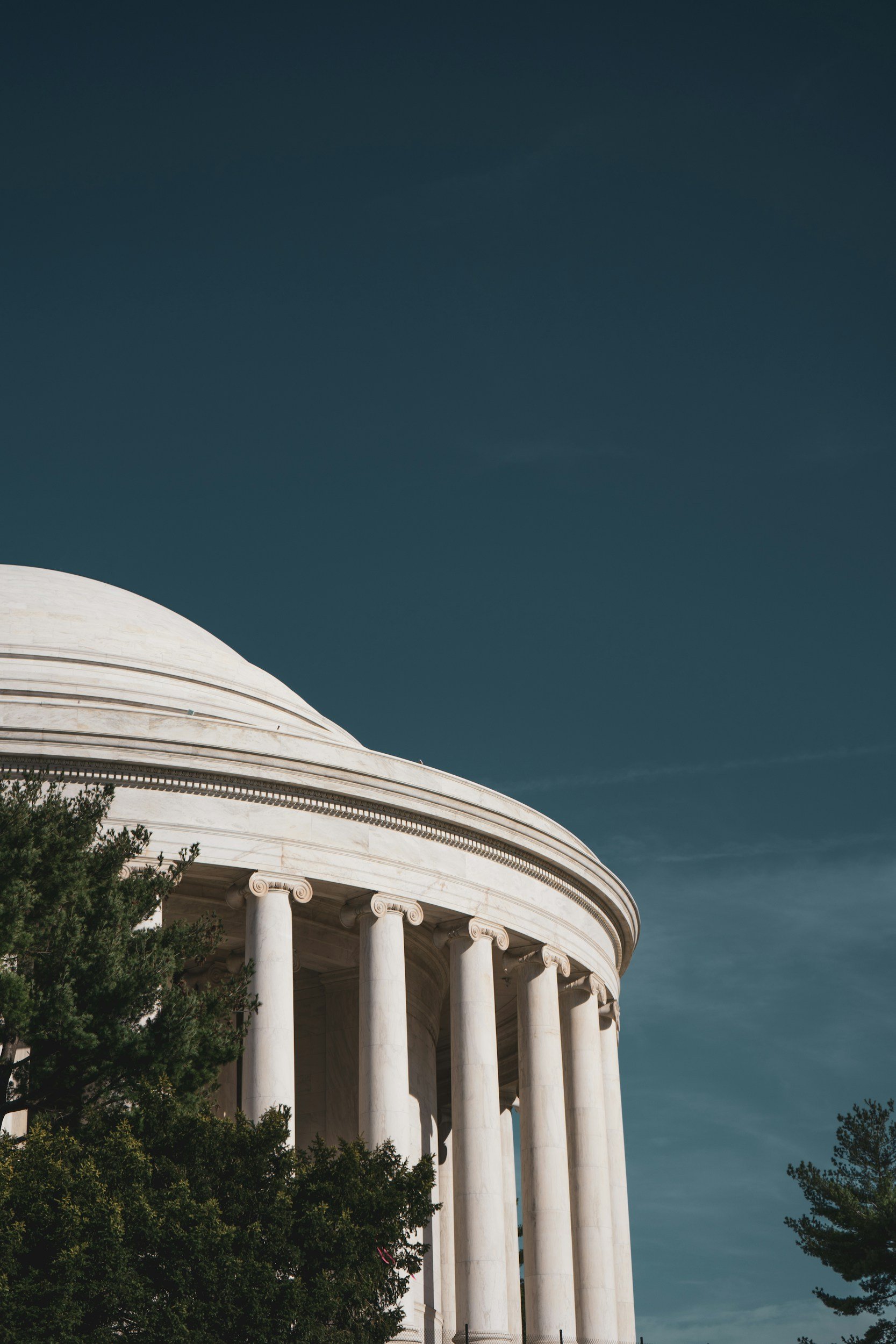 The Jefferson Memorial, a white marble monument with columns, partially obscured by green trees against a dark blue sky.