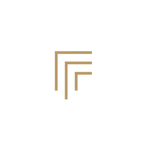 Logo with three nested right angles in gold color on a black background.