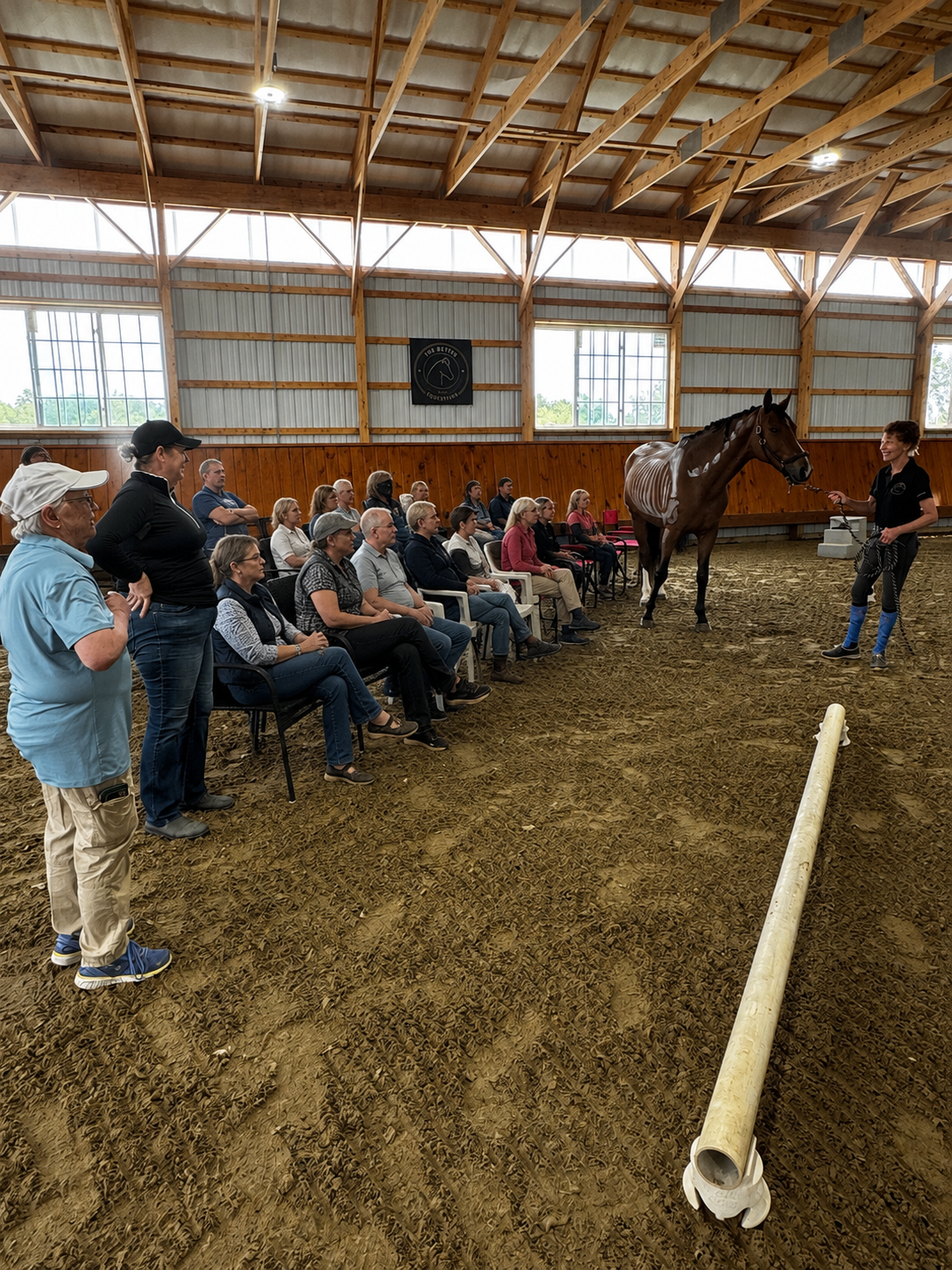 A horse is standing in an indoor riding arena as a woman demonstrates something to a seated audience of about 20 people. Some people are standing at the side, watching the presentation. The arena has a high wooden ceiling and wooden walls, with large windows letting in natural light.