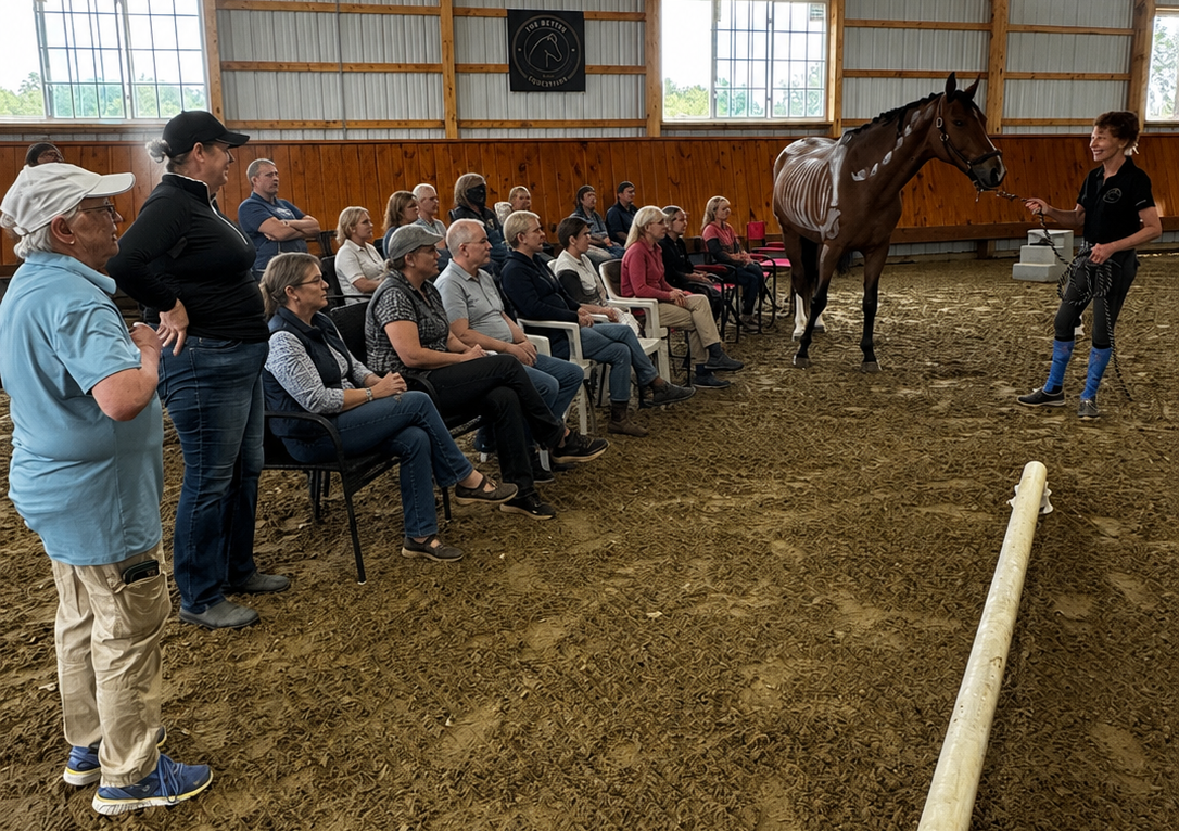 A horse standing in an indoor riding arena, being led by a woman in riding attire. Several people are seated and standing in the background, watching the demonstration.