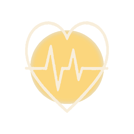 A yellow circle with a white outline of a heart and an electrocardiogram line inside it.