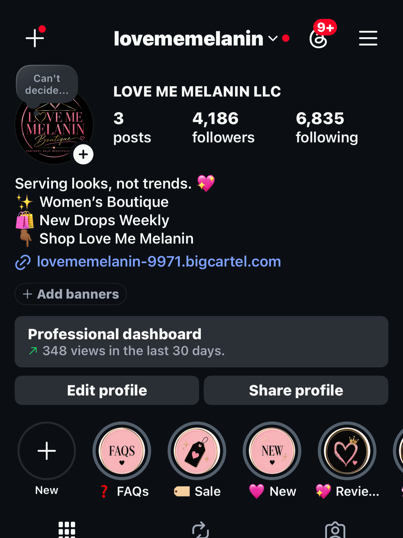 Screen showing an Instagram profile for 'lovememelanin' with 3 posts, 4,186 followers, and 6,835 following. The profile promotes a women's boutique called 'Love Me Melanin LLC'. The bio mentions serving looks, not trends, with links to shop and weekl