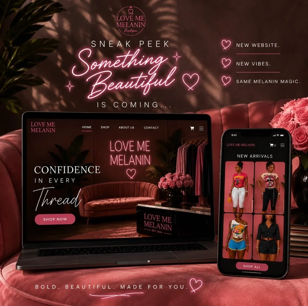 ✨ Sneak Peek ✨

Something beautiful is coming&hellip; 💕🎀

The countdown is on, and I can&rsquo;t wait to show you what I&rsquo;ve been working on. Here&rsquo;s a little glimpse of the new Love Me Melanin shopping experience.

🩷 New arrivals
🩷 A f
