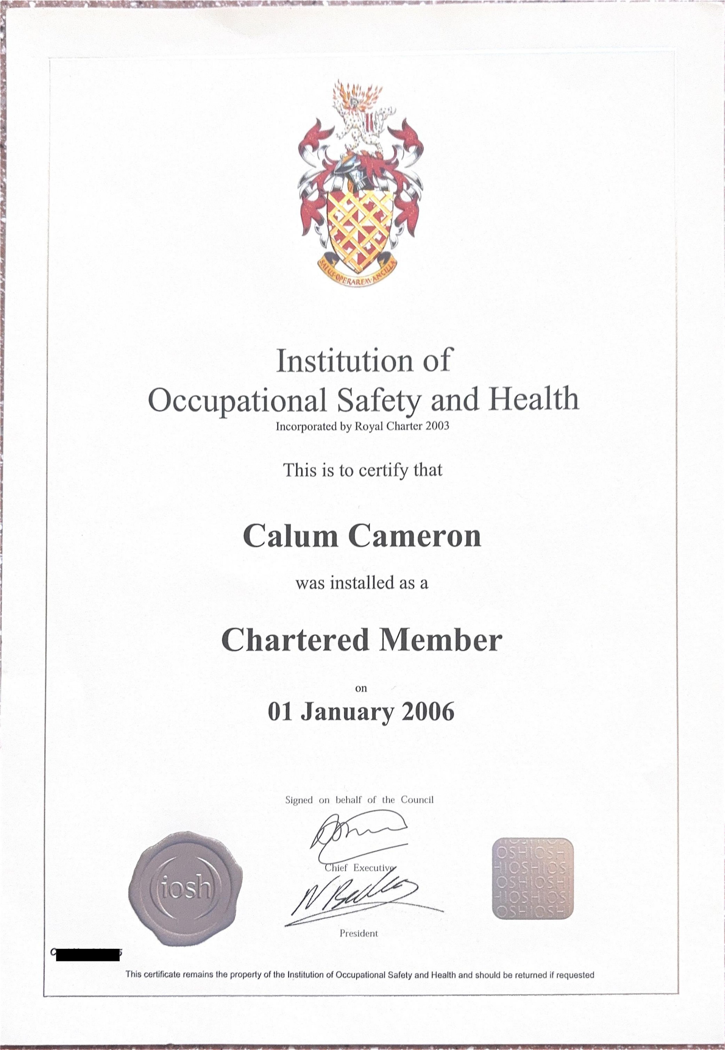A certification document issued by the Institution of Occupational Safety and Health, awarded to Calum Cameron on January 1, 2006.