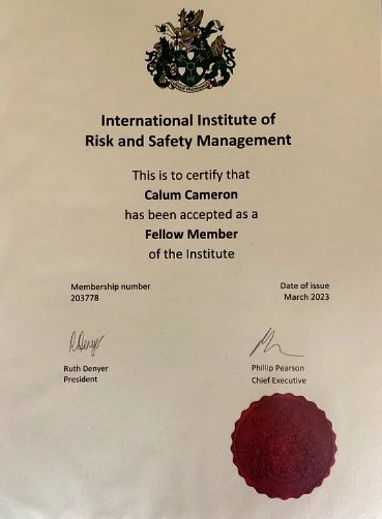 Certificate from the International Institute of Risk and Safety Management awarded to Calum Cameron as a Fellow Member, dated March 2023.