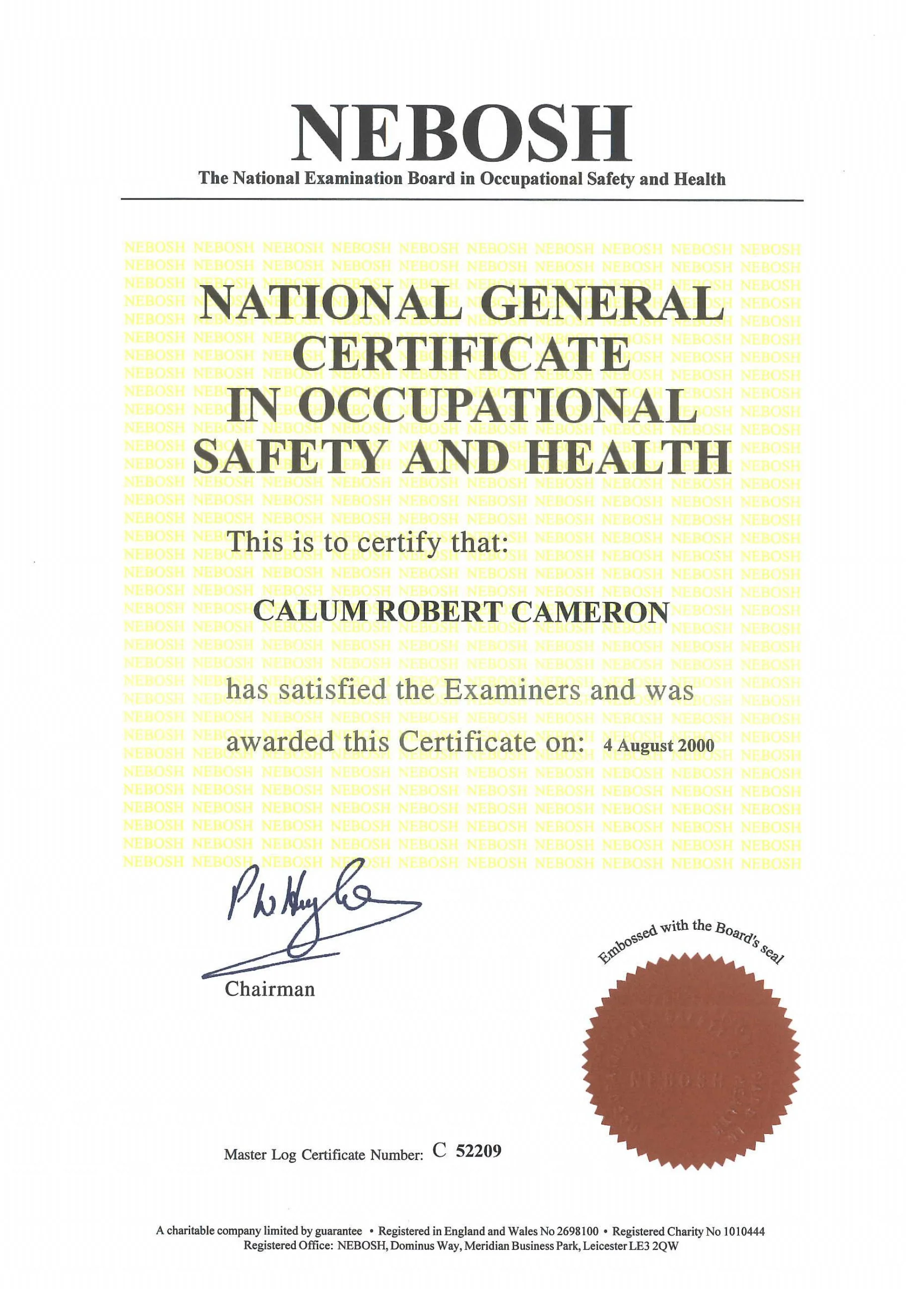 A certificate titled 'National General Certificate in Occupational Safety and Health' from NEBOSH, with a signature, a seal, and details including the certificate number C 52209 and issuance date, 4 August 2000.
