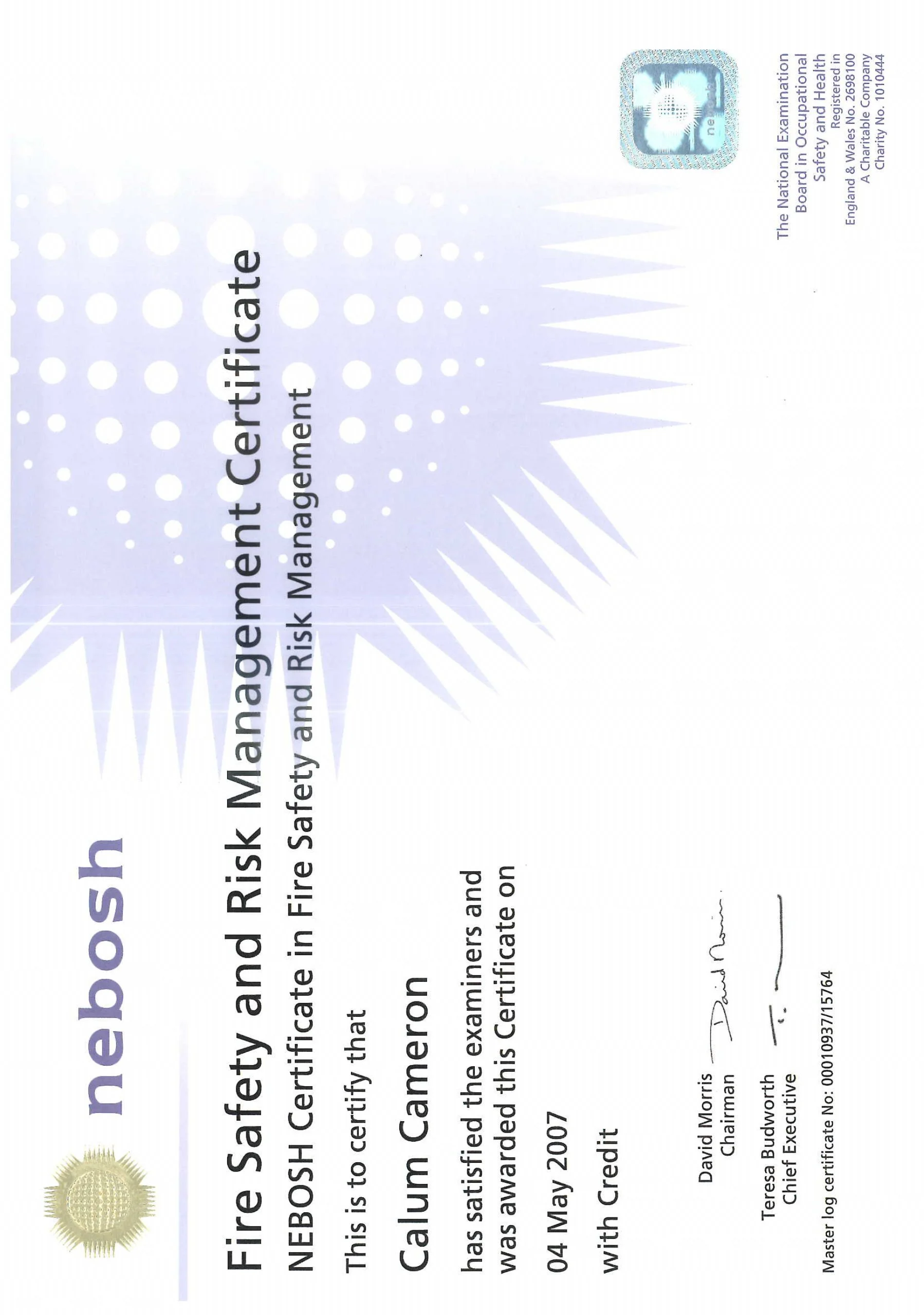 A certificate of appreciation for Fire Rescue NEBOSH issued on May 4, 2007, with a gold seal.