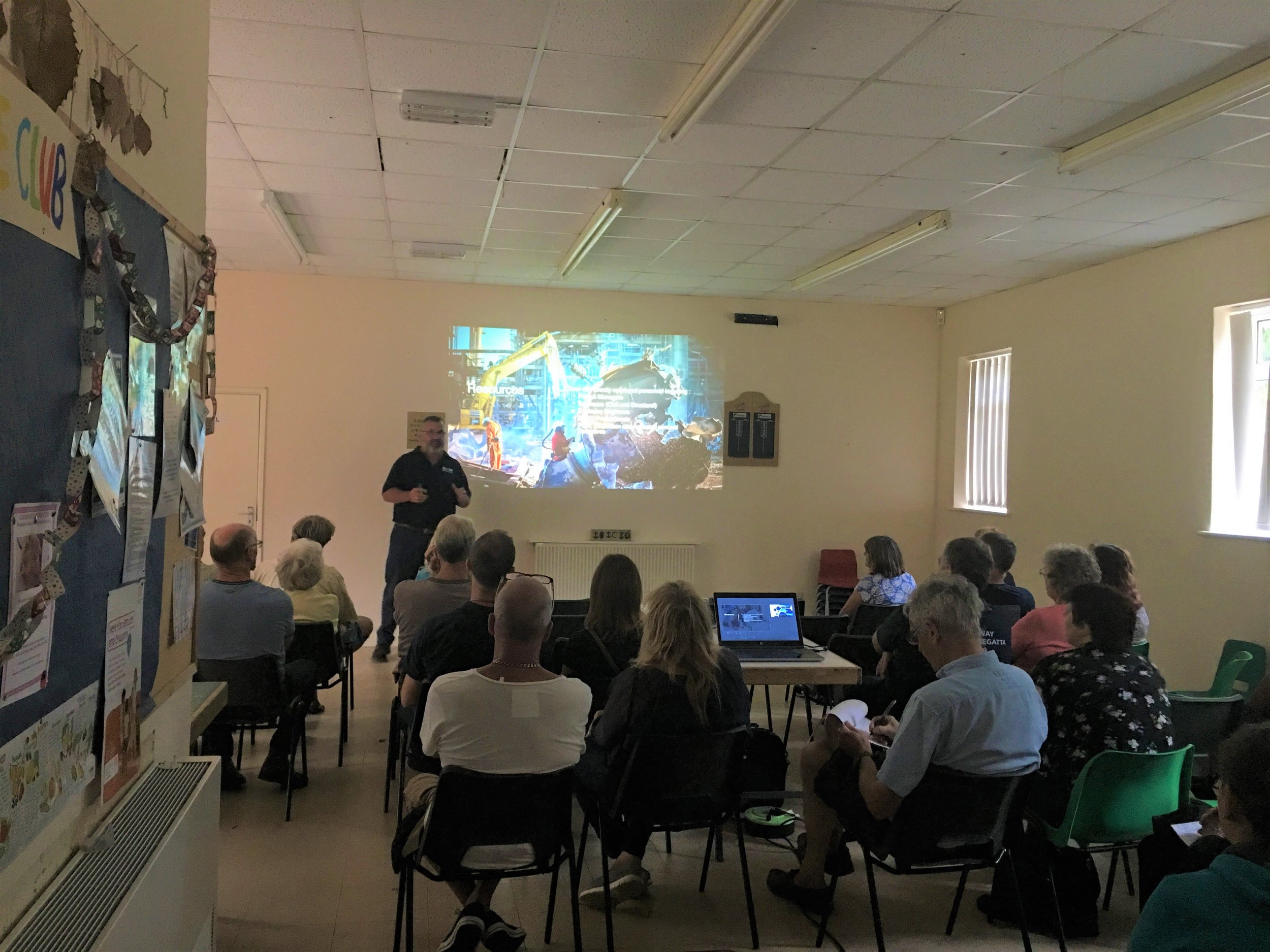 Calum giving blowdown information at a public meeting for Fawley Power Station demolition