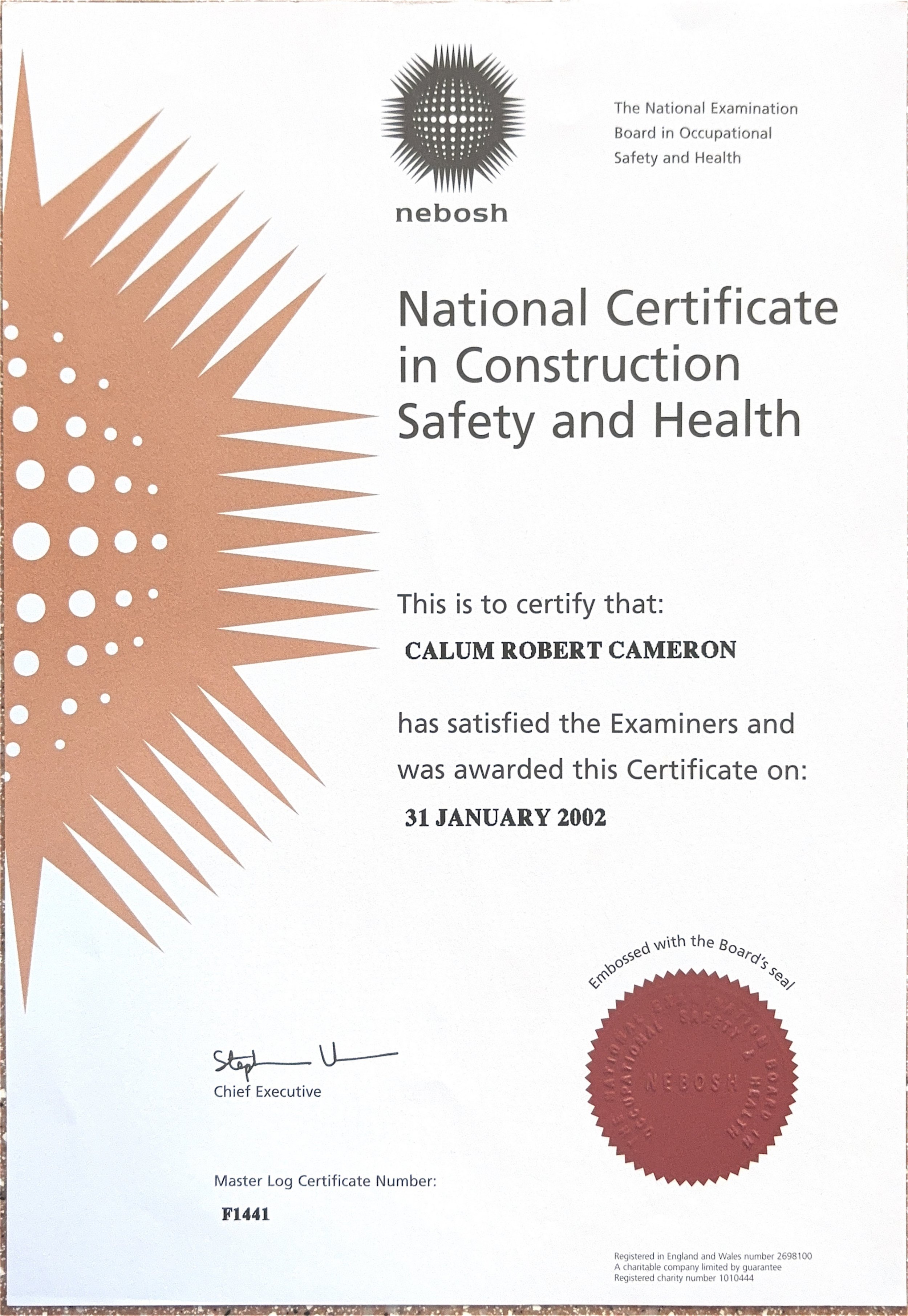 A certificate from the National Examination Board in Occupational Safety and Health awarded to Calum Robert Cameron
