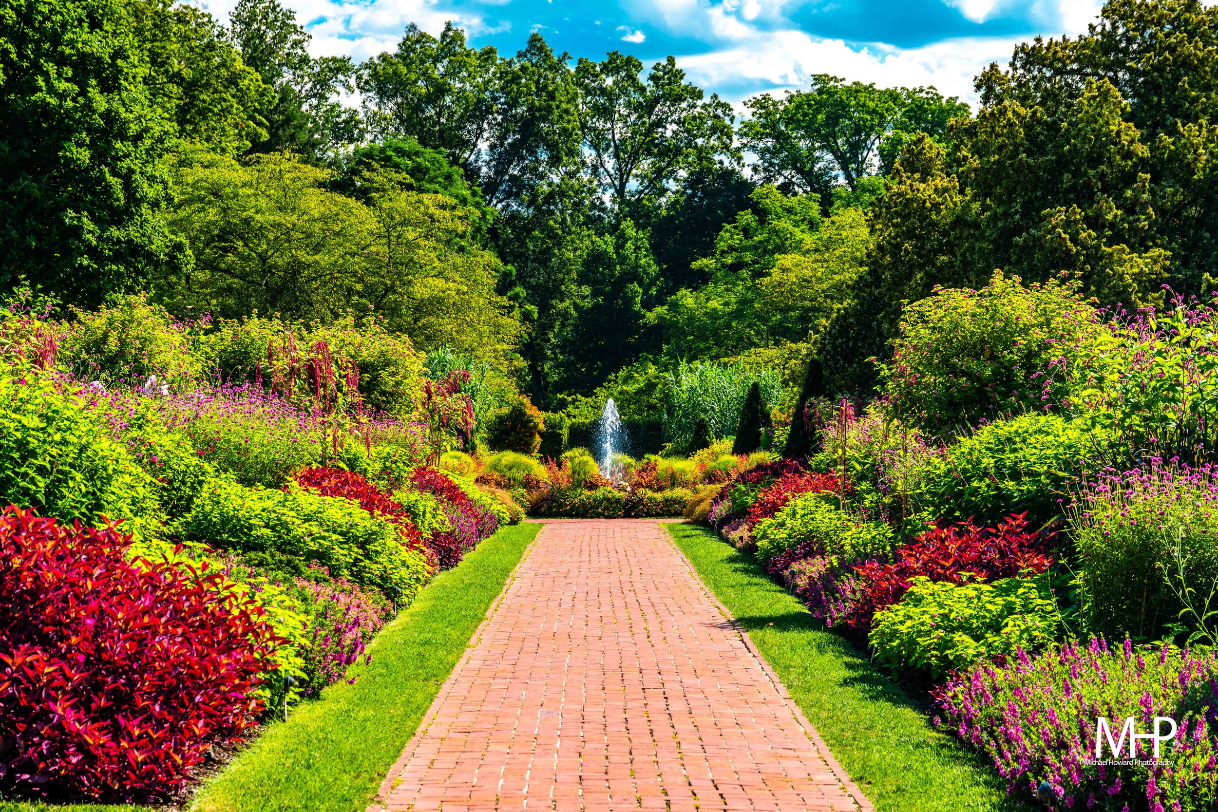 A colorful garden with a brick pathway leading to a fountain, surrounded by various green trees and plants under a partly cloudy sky.