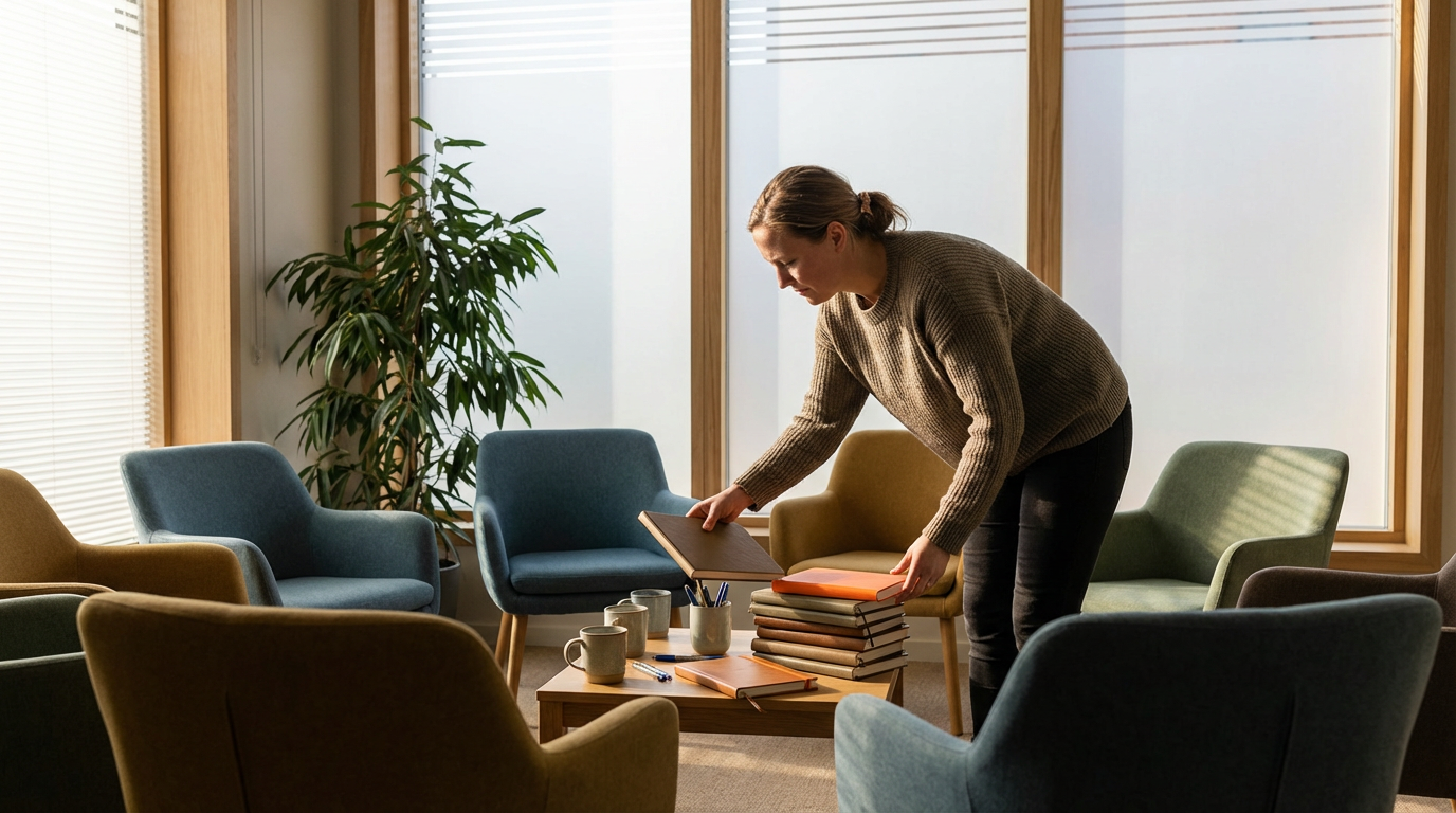 Woman arranging books and folders on a coffee table in a conference room with chairs, cups, pens, and a large plant.