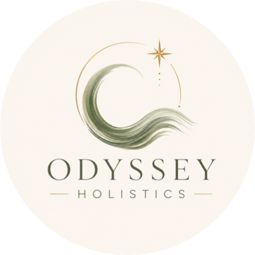 creme and green circular logo with goldaccesnt for Odyssey - a queer-friendly massage studio in South Denver offering therapeutic and pain management massage therapy appointments