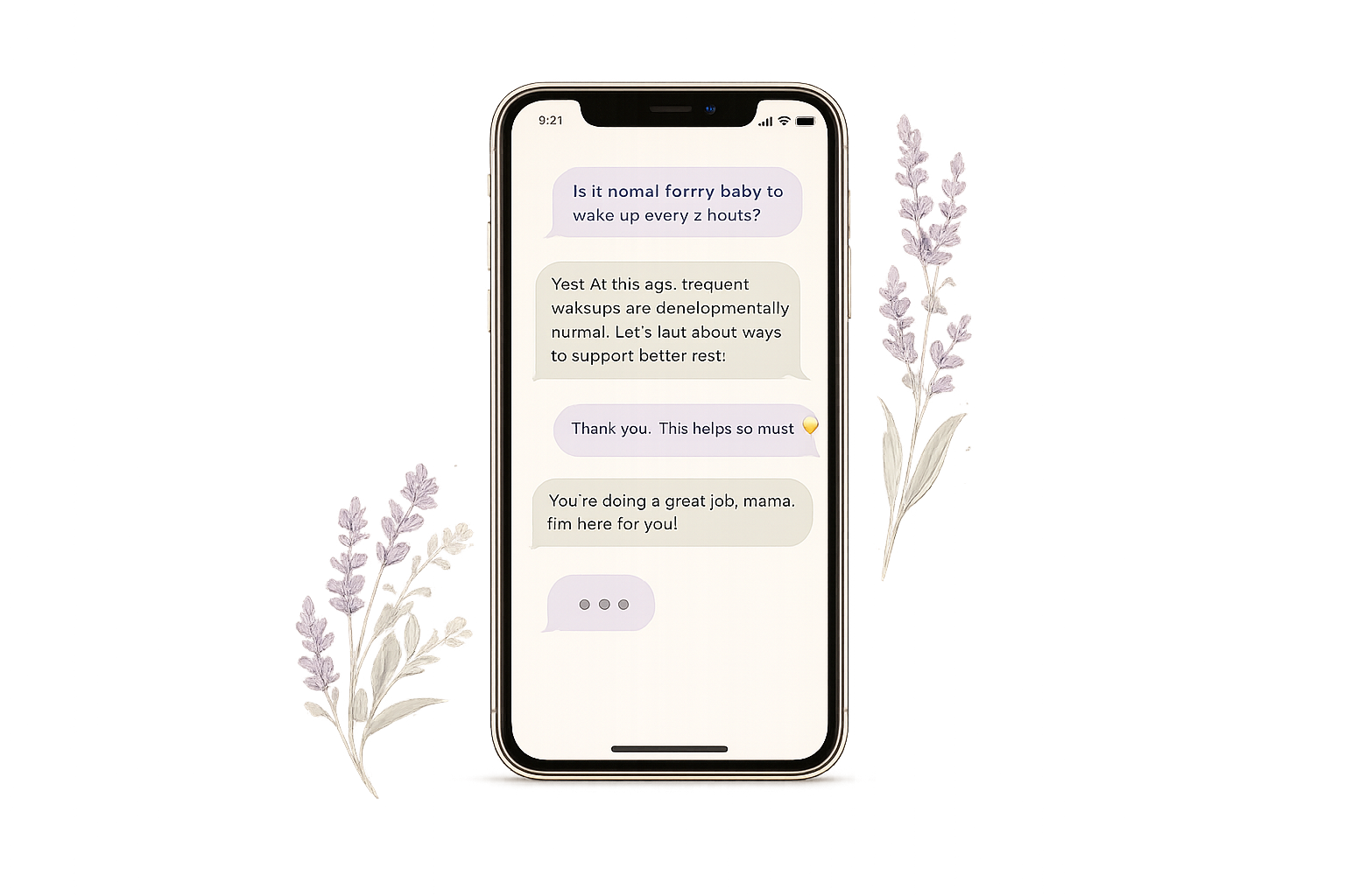 A smartphone displaying a conversation in a messaging app, surrounded by illustrated purple lavender flowers on a beige background.