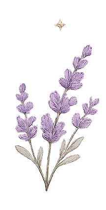 Sprig of lavender with a star-shaped flower and a small star above it against a black background.