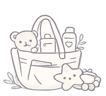 Cute illustration of a teddy bear, a star-shaped pillow, a backpack, a bottle, and a turtle, with small plants around them.