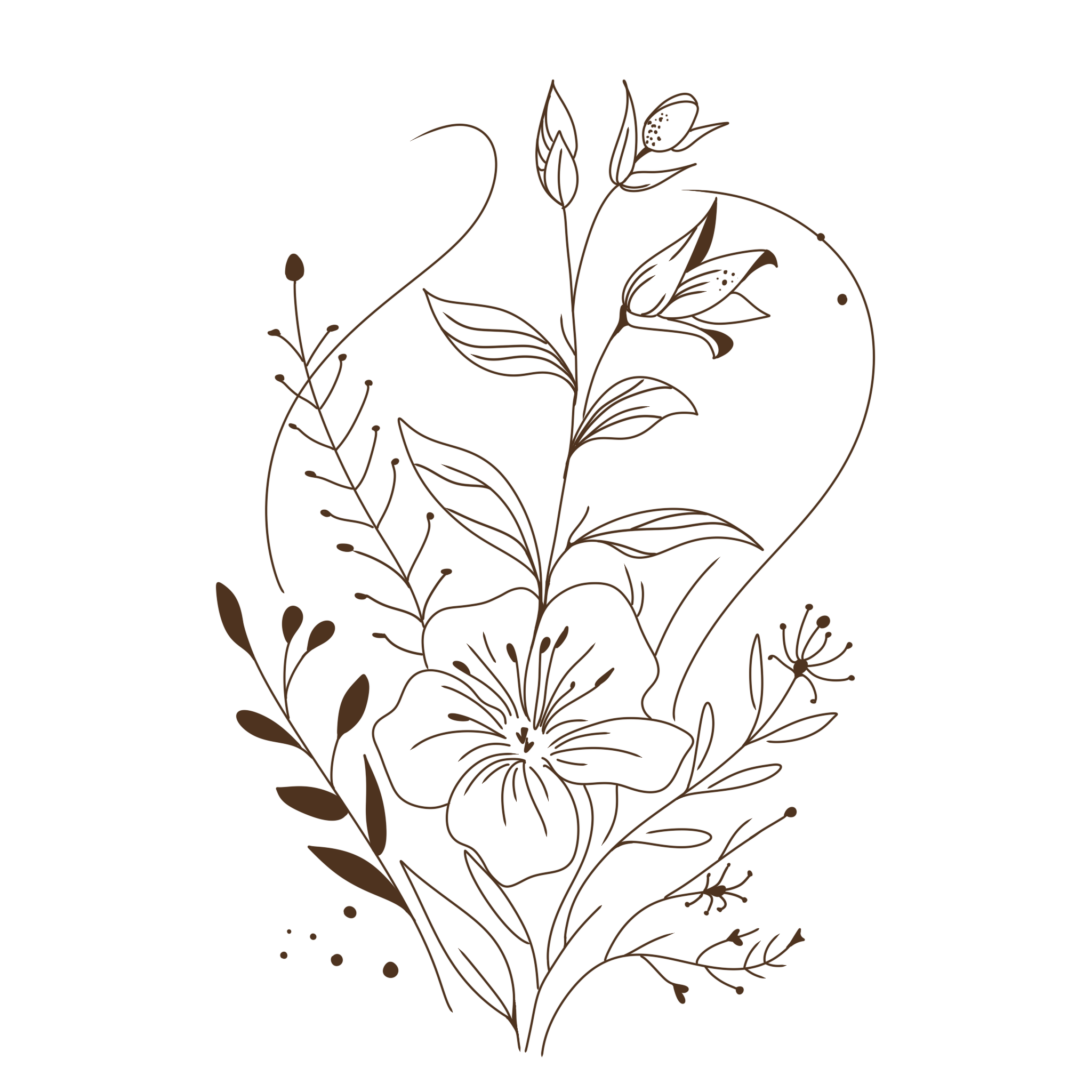 Black background with a floral line drawing in brown color, featuring various flowers and leaves.