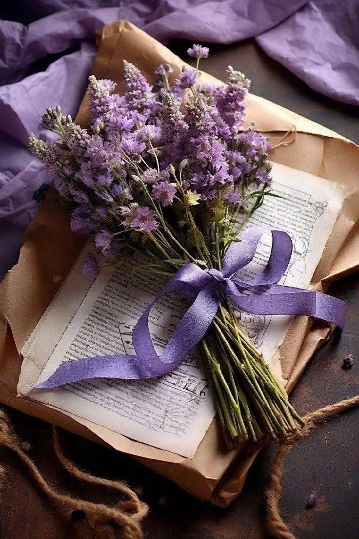 A bouquet of purple lavender flowers tied with a purple ribbon, placed on a pile of vintage papers and a wrapped package, with a purple cloth in the background.