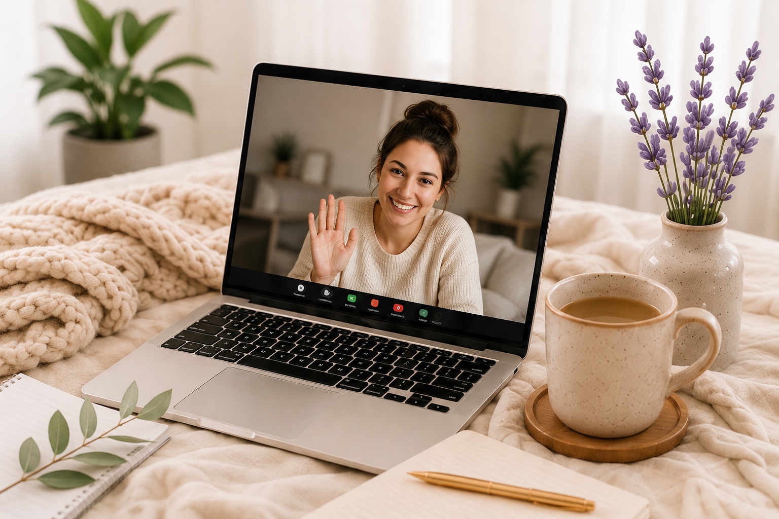 A woman on a video call waving, seen on a laptop screen. The laptop is on a bed with a beige blanket, next to a mug of coffee, a vase of lavender, and a notebook with a pen. In the background, there are plants and curtains.