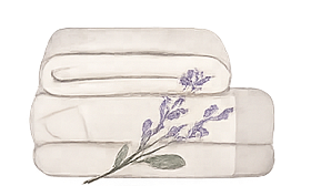 Stack of white towels with a lavender sprig on top