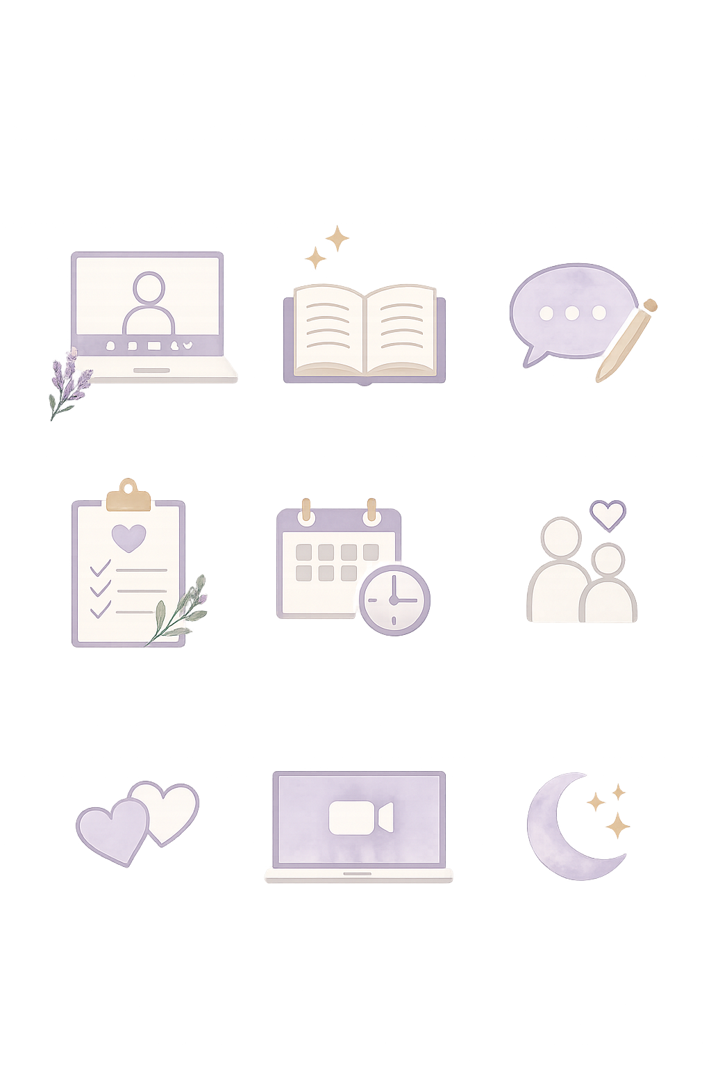 Symbols representing online communication and social activities, including a person on a video call, an open book, a chat bubble, a clipboard with a checklist, a calendar, a clock, a group of people, hearts, a video recording icon, and a crescent moon.