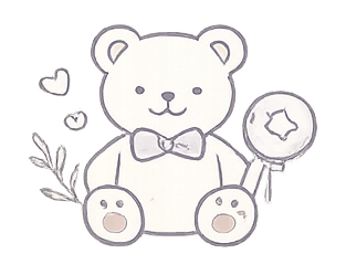 Cute teddy bear holding a mirror with a bow tie, surrounded by small hearts and a feather, in a cartoon style.