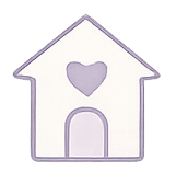 A simple illustration of a house with a heart on its front, in light purple and white colors.