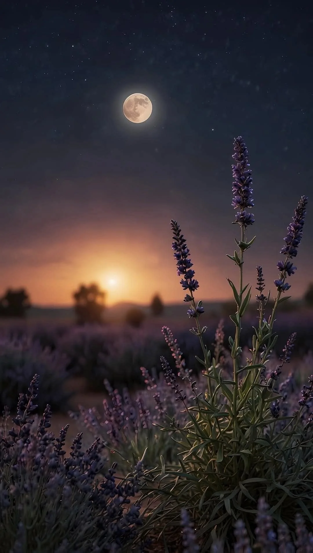 Lavender field at sunset with a glowing sun on the horizon, rising or setting, and a full moon in a starry night sky.