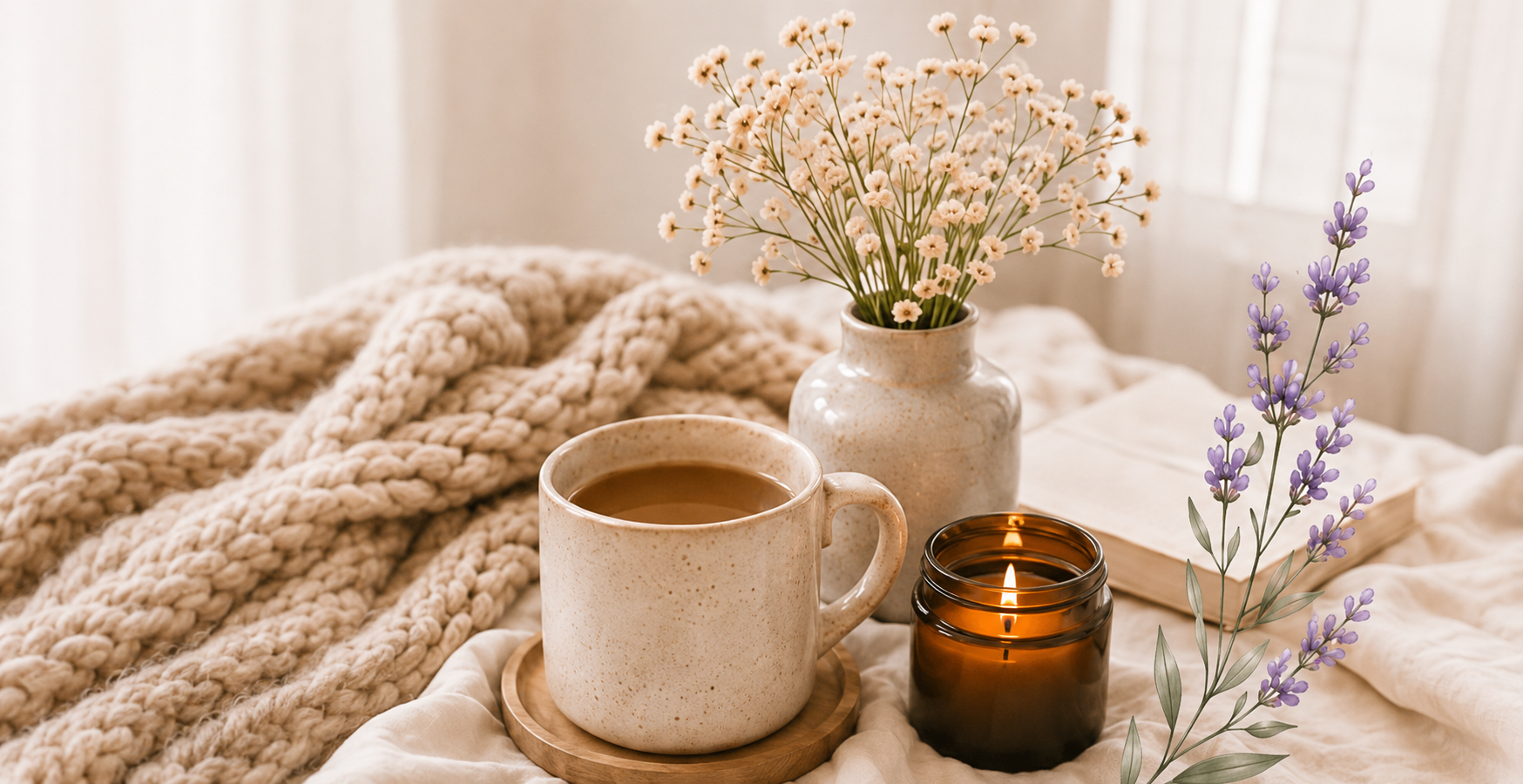 A cozy scene with a mug of coffee or tea on a wooden coaster, surrounded by a lit candle in a brown jar, a cream-colored ceramic vase with small white flowers, an open book, a chunky knit blanket, and sprigs of lavender, set on a soft, cream-colored fabric surface.