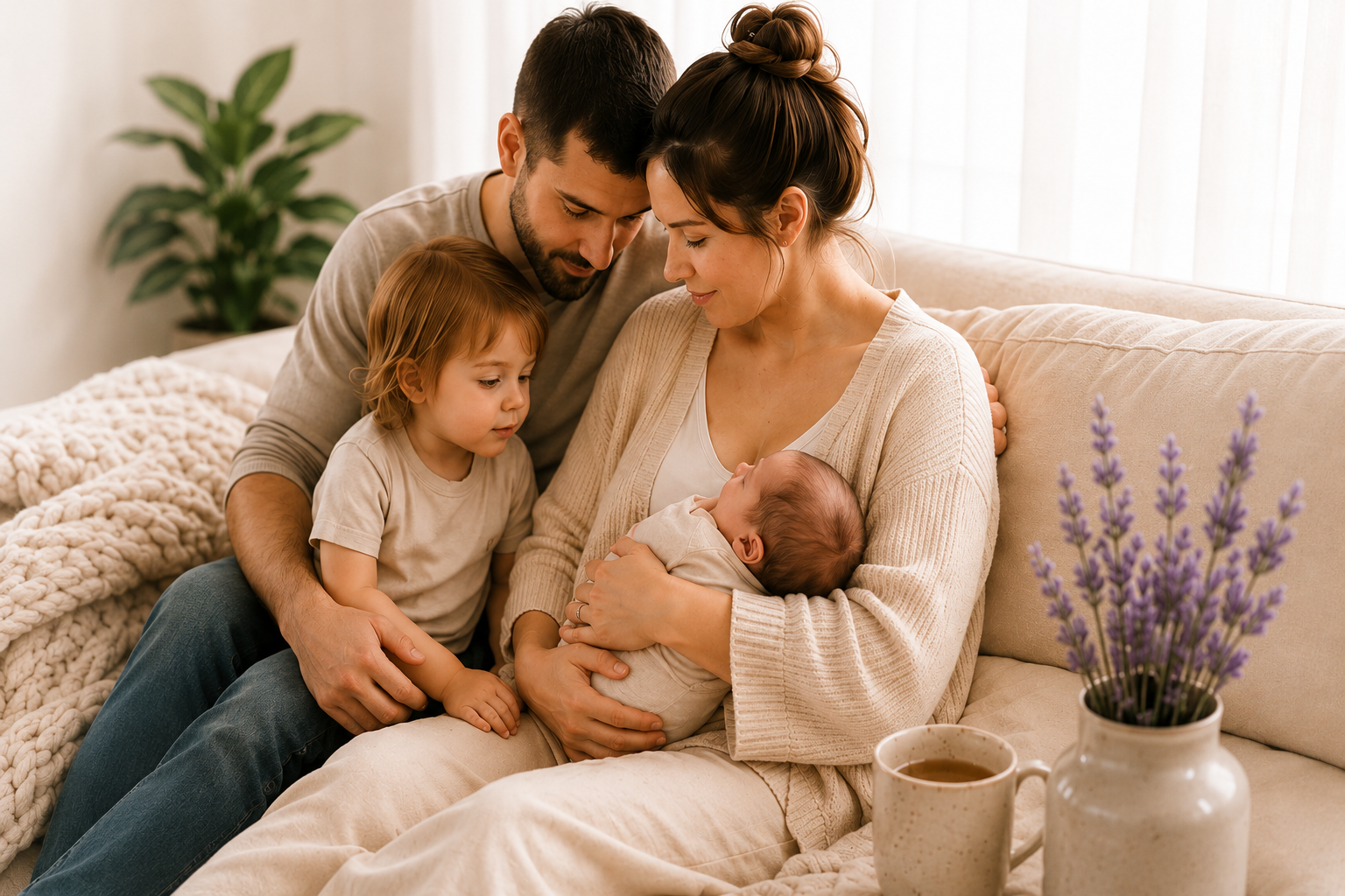 A family of four sitting on a beige couch with a cream blanket, a mug, and a lavender plant in a white vase. A woman is holding a newborn, a man and a young girl are leaning in, all focused on the baby.