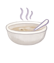 A bowl of hot soup with steam rising and a spoon inside.