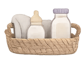A woven basket containing three bottles, one with a nipple, likely baby bottles.