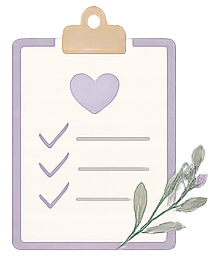 A clipboard with a checklist, a purple heart at the top, and some green leaves.