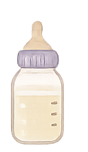A baby bottle filled with milk or formula, fitted with a purple nipple.