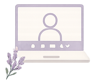 Laptop computer showing a video call with a simplistic avatar on the screen, placed on a table with a small lavender bouquet nearby.