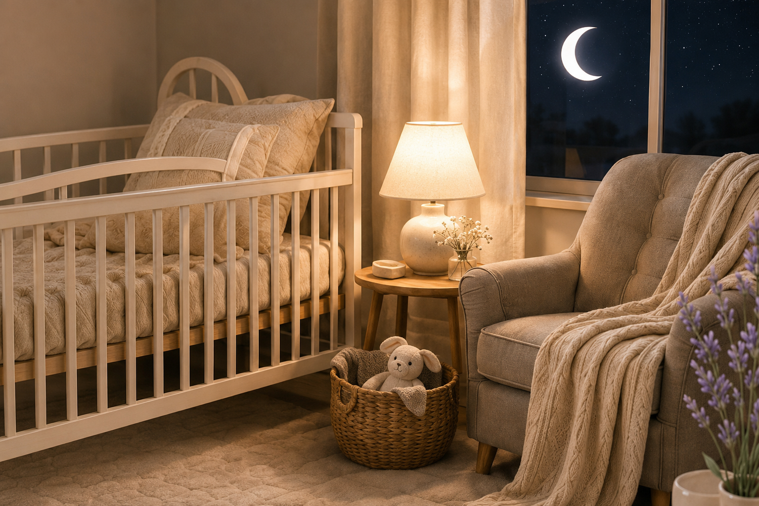 A cozy nursery room at night with a crib, a plush armchair, a small table with a lamp and small flower vase, a basket with a teddy bear, and a window showing a night sky with a crescent moon and stars.
