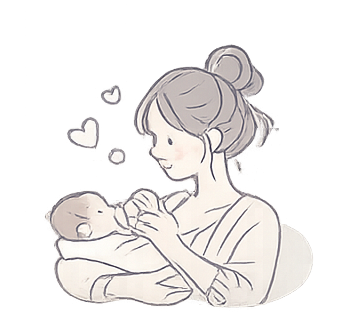 Drawing of a woman holding a sleeping baby in her arms, with hearts around them.